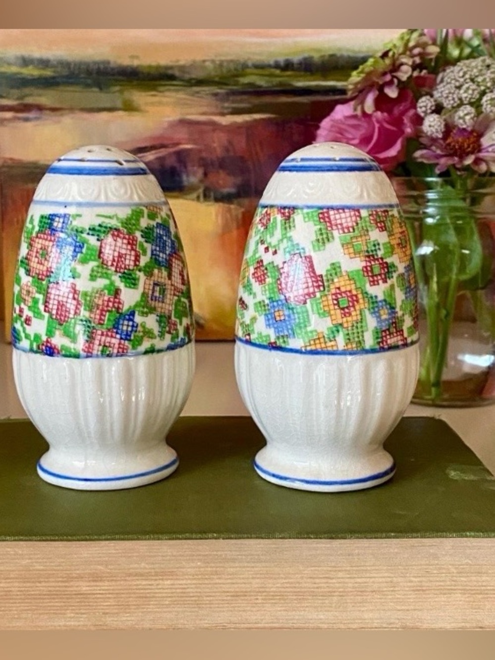 Petit Point Salt & Pepper Antique 1920s -
30s Japan Multicoloured Floral Vintage